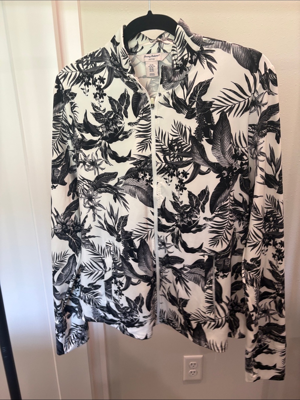 Tommy Bahama Black & White Tropical Print Bomber Jacket
